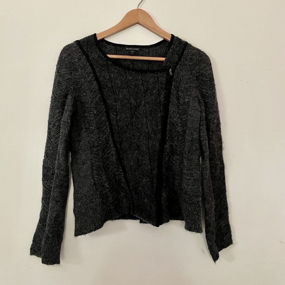 EILEEN FISHER Alpaca Cotton Sweater S Asymmetrical Full Zip Quiet Luxury Gray